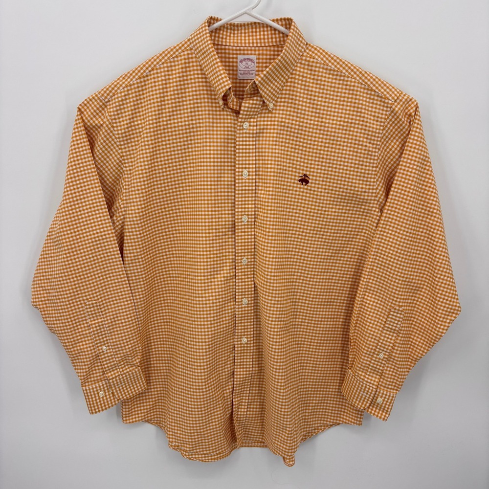 Brooks Brothers Shirt Mens XL Orange Excellent Gingham Supima Cotton Non-Iron